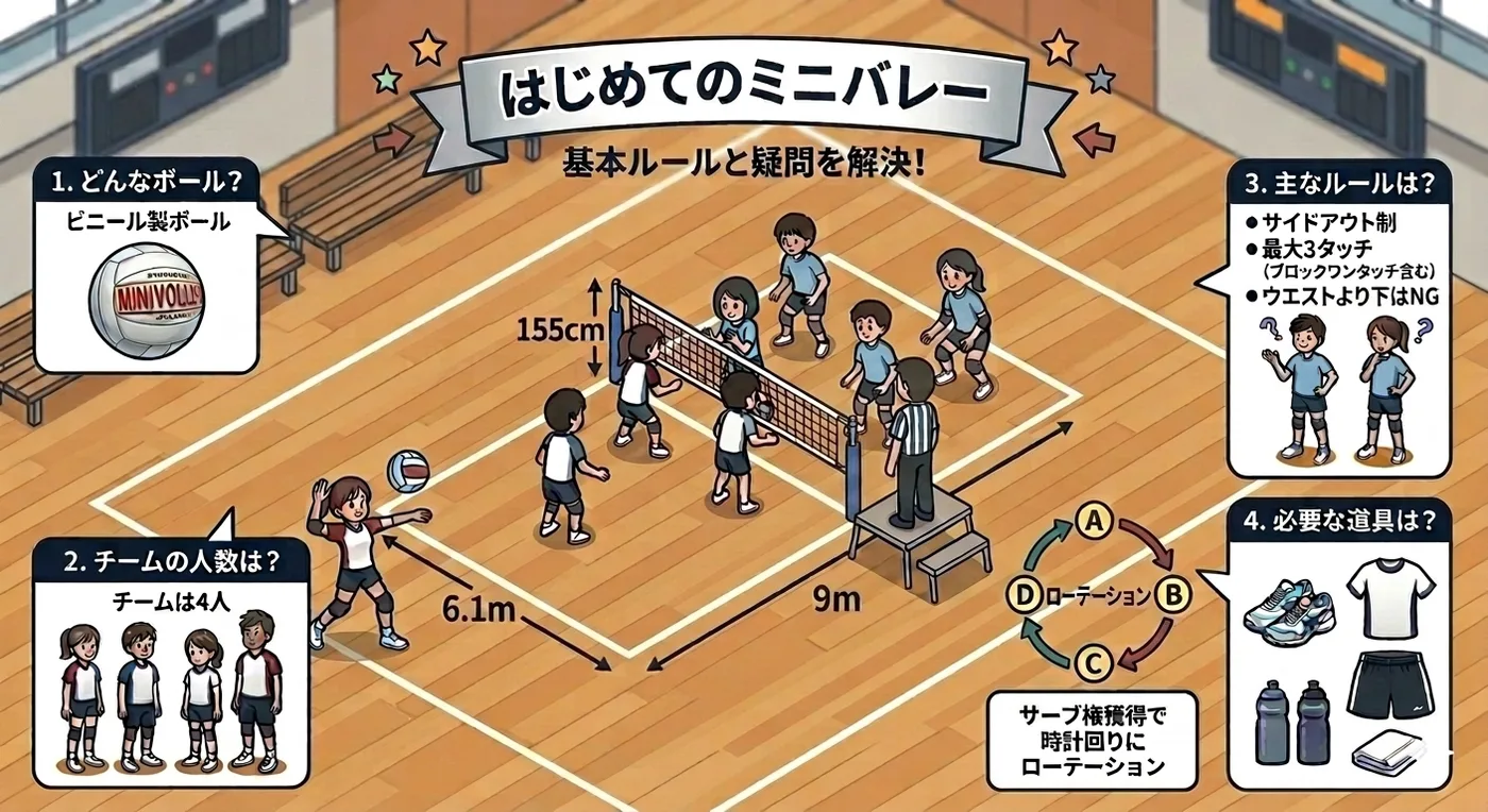 はじめてのミニバレー。1. どんなボール？ビニール製ボール。2. チームの人数は？チームは4人。3. 主なルールは？サイドアウト制、最大3タッチ（ブロックワンタッチ含む）、ウエストより下はNG。サーブ権獲得で時計回りにローテーション。4. 必要な道具は？運動靴・Tシャツ・ハーフパンツ・飲み物・タオル。コートは9m×6.1m、ネットの高さは155cm。