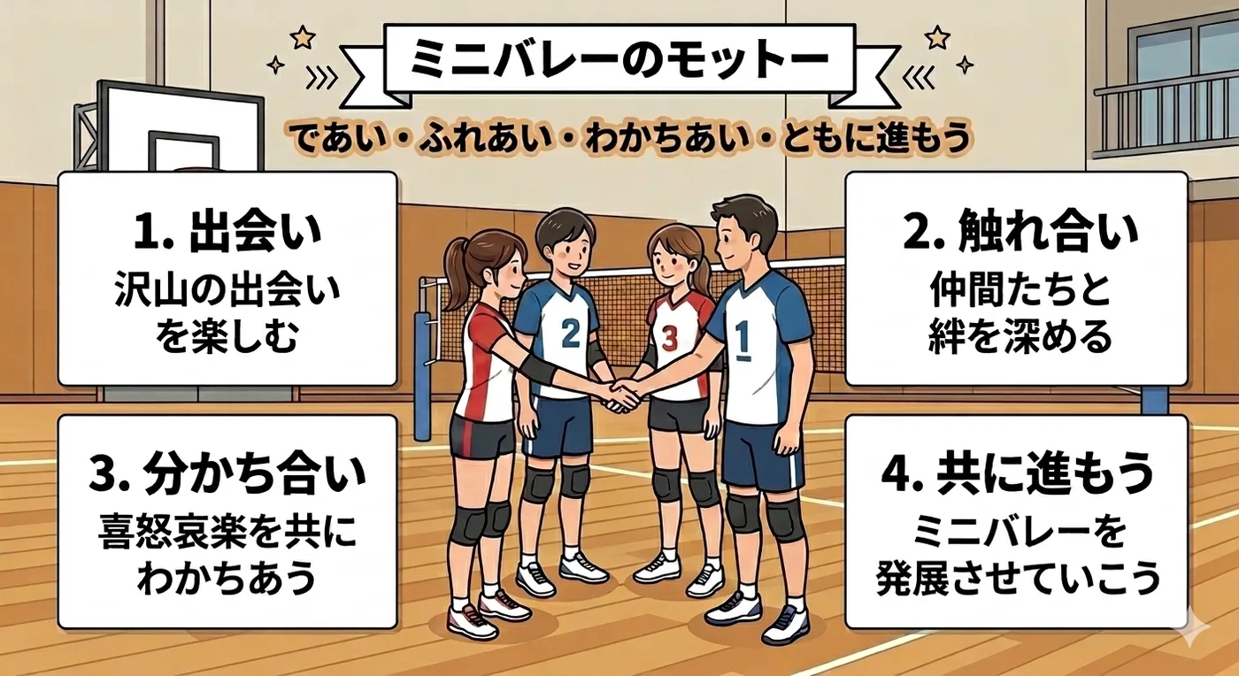 ミニバレーのモットー。1. 出会い：沢山の出会いを楽しむ　2. 触れ合い：仲間たちと絆を深める　3. 分かち合い：喜怒哀楽を共にわかちあう　4. 共に進もう：ミニバレーを発展させていこう